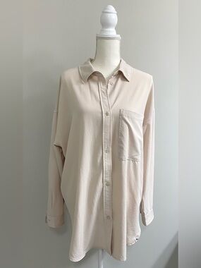 JoyLab Womens L Solid Neutral Tan Button-Down Long-Sleeve Top 90’s Minimalist